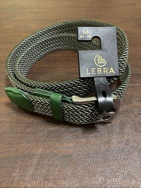 LEBRA Men's Green Woven Elastic Belt with Silver Buckle